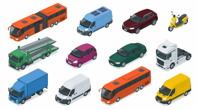 Collection of diverse isometric vehicles including cars, buses, vans, trucks, and a scooter.