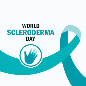 World Scleroderma Day poster vector illustration. Teal awareness ribbon and hand icon vector. Chronic autoimmune connective tissue disease symbol. Template for background, banner, card. 29 June 