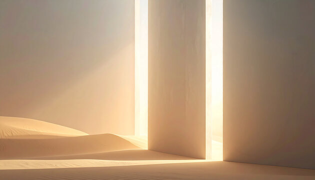 Minimalist architectural background with two parallel vertical pillars and sun sphere with long shadows