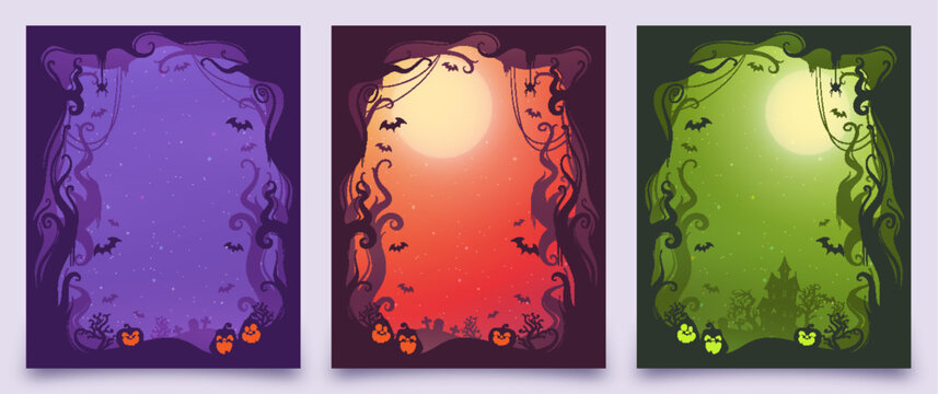 Set of three vertical Halloween background posters featuring silhouettes of haunted houses, tombstones, pumpkins, bats, and gnarly trees in purple, orange, and green color themes.