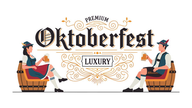 Oktoberfest Celebration: A stylized illustration depicts a man and woman in traditional Bavarian attire, seated on wooden barrels.