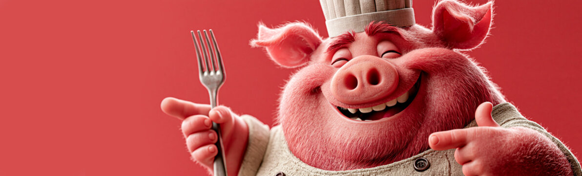 Hyper-Realistic 3D Cartoon Pig Chef Smiling and Pointing to Copy Space on a Bright Red Background. Funny, Surreal and Eye-Catching Concept For Restaurant Advertising and Branding. Generative Ai.