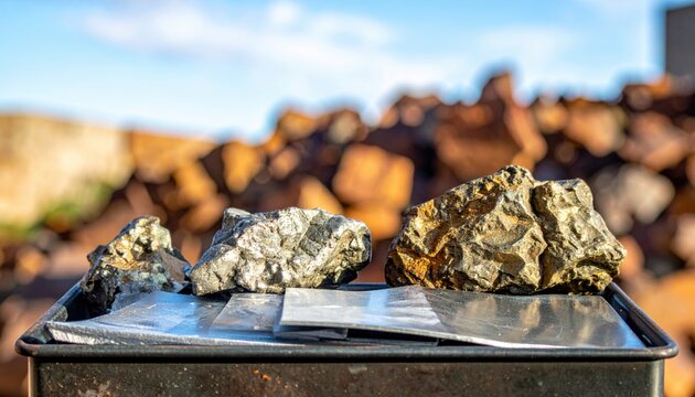 Rough Zinc Ore Chunks Alongside Polished Zinc Sheets Displaying Varied Textures Against an Outdoor Background