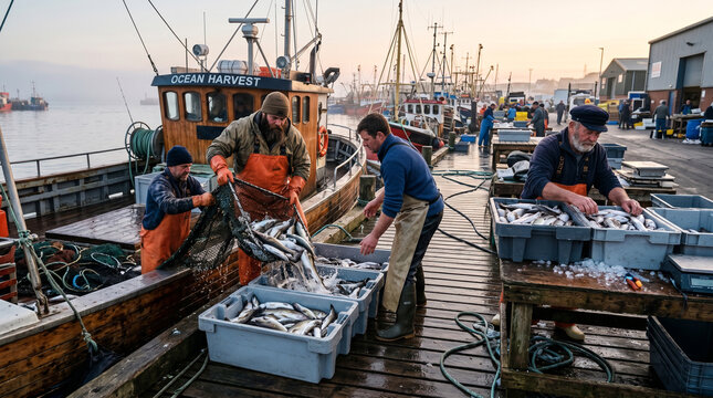 Professional fishermen unloading a fresh catch of whitefish from a trawler onto a harbor dock at dawn, showcasing the industrious nature of the commercial fishing industry.