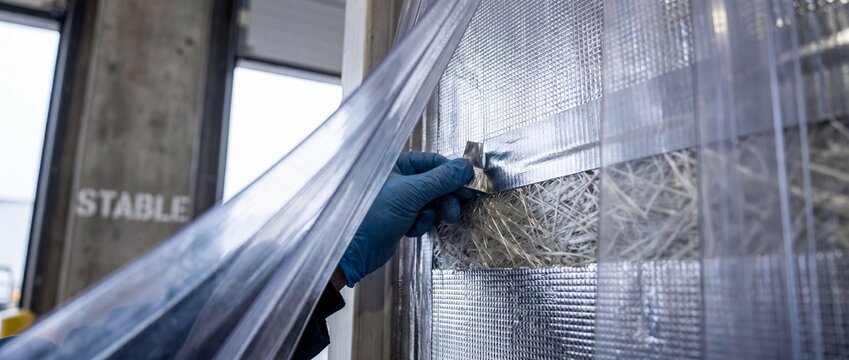 Thermal insulation installation vapor barrier sealing with foil tape. Hand in blue glove applying adhesive strip to wall insulation material in construction site for energy efficiency, weatherization