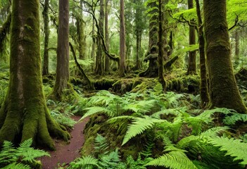 Obraz premium Mystical primeval forest landscape with mossy giant trees and lush ferns