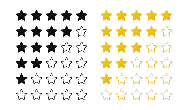 Star rate icons vector set. Star rate flat yellow and black style.