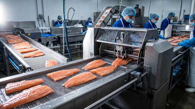 Fresh salmon fillets move along a stainless steel conveyor belt in a modern, hygienic industrial processing facility with workers monitoring the production line.