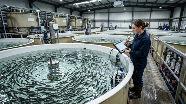 A professional technician uses a digital tablet to monitor fish health and water quality in a high-tech land-based aquaculture facility.