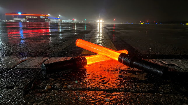 Glowing orange aircraft marshalling wands crossed on wet airport tarmac at night