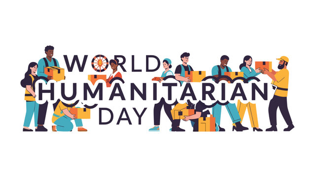 World Humanitarian Day Illustration: A diverse group of people, carrying boxes and working together, are depicted in an illustration celebrating World Humanitarian Day.