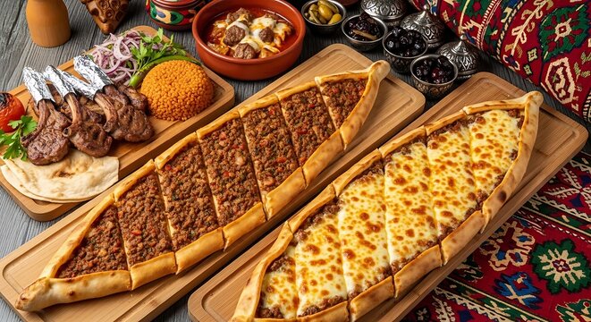 Traditional turkish pide and lamb chops platter