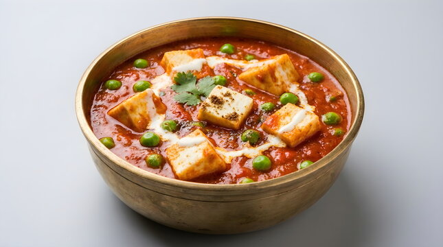 Traditional matar paneer curry with green peas in an authentic brass bowl