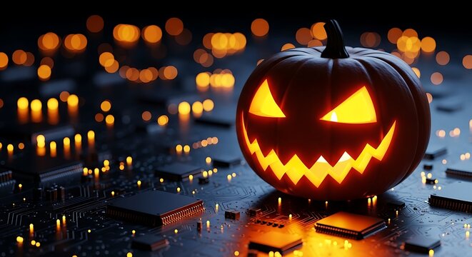 Glowing halloween jackolantern on a futuristic computer circuit board