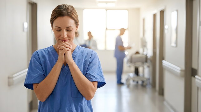 Female nurse in blue scrubs praying with closed eyes in hospital hallway