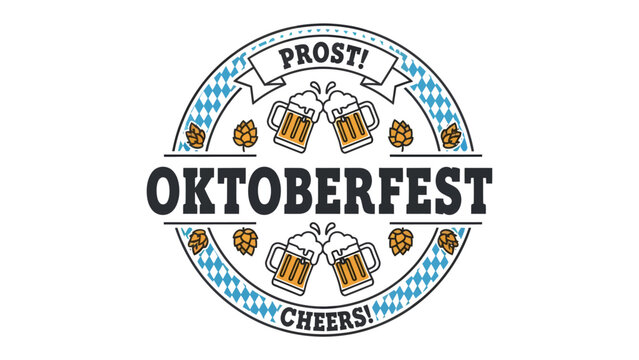 Oktoberfest Emblem with Beer Mugs and Hops: A stylized circular emblem celebrating Oktoberfest, featuring two clinking beer mugs, hops, and the words Prost! and Cheers! in a rustic design.