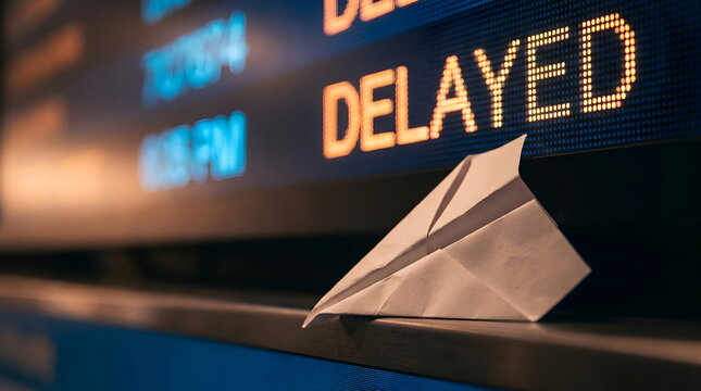 White paper airplane on airport flight information board with delayed status text