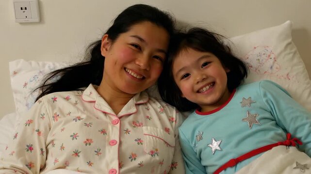 A warm smile for mother and daughter lying in bed together A warm bedtime for mother and daughter