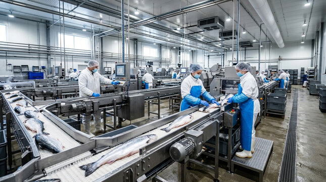 Professional workers in protective gear process fresh salmon on a high-tech industrial conveyor belt in a modern fish processing plant.