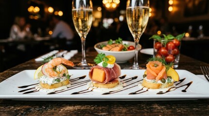 Fototapeta premium Delicious food on a plate with glasses of champagne