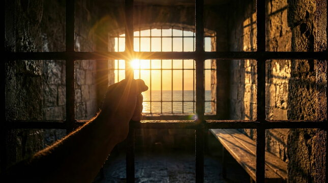 Hand gripping prison bars as bright sun shines through window overlooking ocean, representing hope and despair.