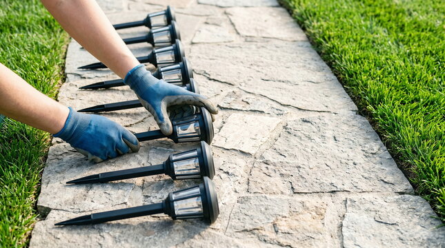 Outdoor path lights installation by gloved hands on stone walkway next to lush grass, home garden improvement project.