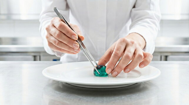 Molecular gastronomy chef placing green spherification with tweezers in professional kitchen, fine dining culinary innovation concept.