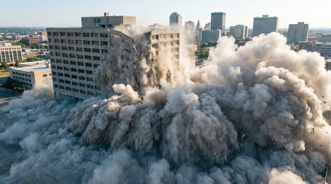 Skyscraper demolition with controlled implosion, sending massive dust clouds into urban city skyline, representing urban renewal.