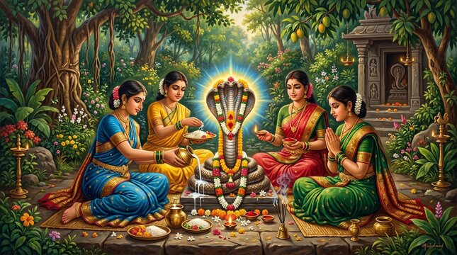 Women performing a sacred ritual of offering milk and grains to a live cobra during the Nag Panchami festival