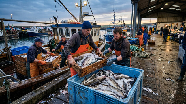 Hardworking fishermen unload wooden crates of fresh cod on ice from a trawler at a busy harbor during dawn.