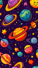 Naklejka premium kawaii space galaxy wallpaper with adorable planets, sparkling stars, Whimsical Celestial Cartoon Pattern with Smiling Planets and Stars on Dark Cosmic Background for Children's Spaces