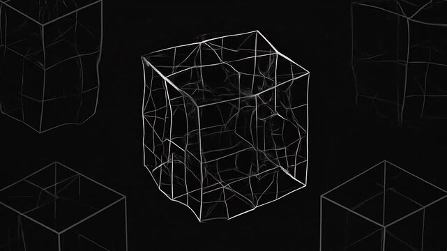 Abstract wireframe cubes floating in a dark digital space
