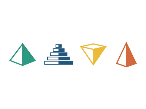 Four distinct geometric shapes including a green pyramid a blue stepped structure a yellow inverted prism and a simple orange triangle arranged in a row isolated on transparent background