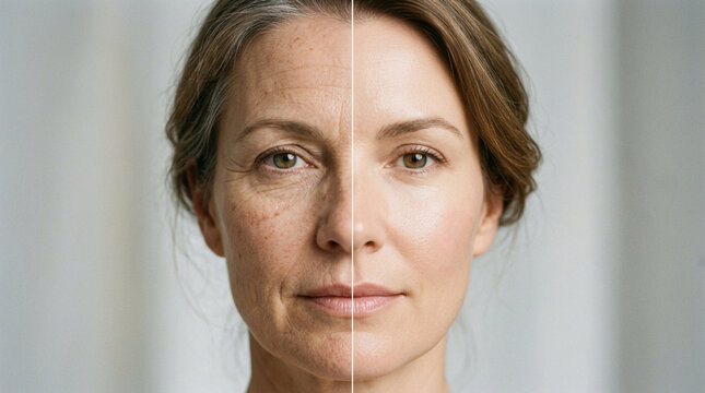 Comparison of a womans face showing aging skin versus rejuvenated skin