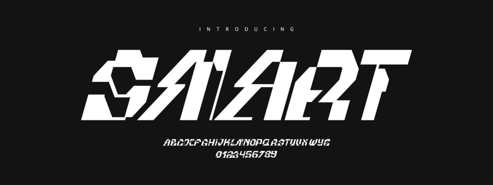 Smart: A futuristic italic font. Slanted robotic display typeface with sharp cuts for sci-fi logos, esports, and tech packaging.
