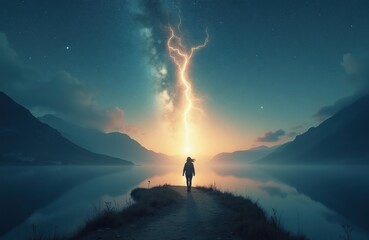 Fototapeta premium Person walks on path towards bright lightning bolt in starry sky. Mountains and calm lake reflect celestial event. Person journeys through ethereal dreamscape towards light.