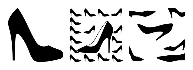Obraz premium Black silhouette, white background: high heel shoe set with simple line art design featuring simple design, minimalist, black and white with illustrations and graphics