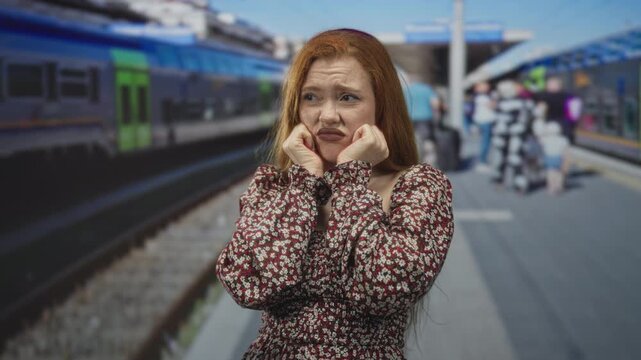 Redhead woman clutching cheeks with both hands and grimacing beside a parked train on a crowded building platform; travel delay uncertainty anxiety.