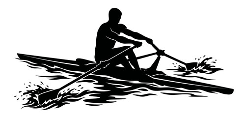 Black silhouette vector illustration of a rowing team paddling in sync, representing teamwork, competition, endurance, and water sports. © Bagus