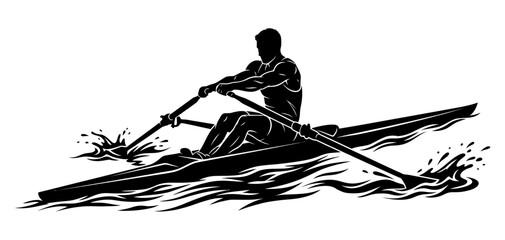 Black silhouette vector illustration of a rowing team paddling in sync, representing teamwork, competition, endurance, and water sports. © Bagus
