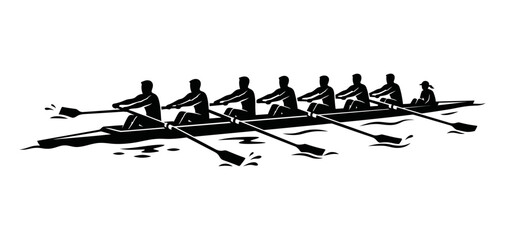 Black silhouette vector illustration of a rowing team paddling in sync, representing teamwork, competition, endurance, and water sports. © Bagus