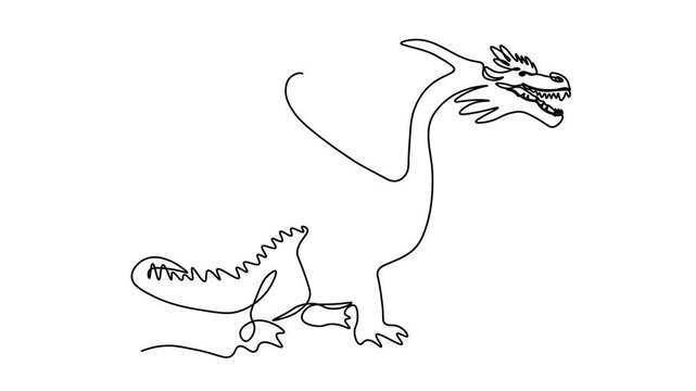 dragon with wings, Self drawing animation one continuous line draw, logo on white background