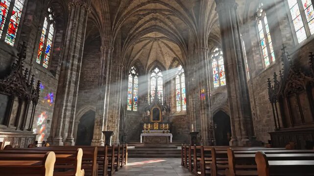 Sunbeams illuminate the interior of a grand cathedral, highlighting stained glass windows and wooden pews.
