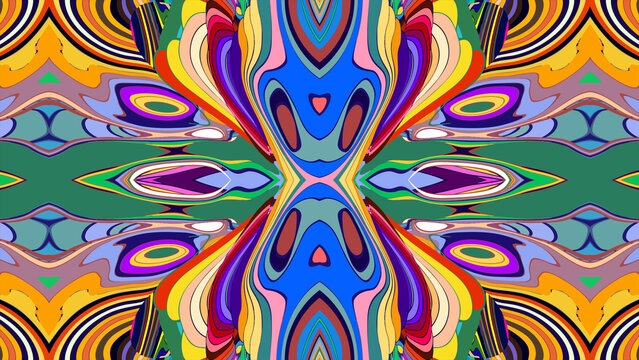 Colorful abstract symmetrical pattern with vibrant swirling shapes