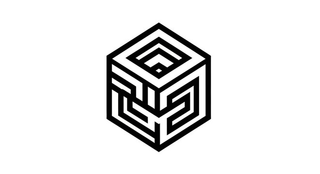 Modern geometric abstract cube with intricate maze lines, black and white vector symbol representing complexity, connection, or challenge