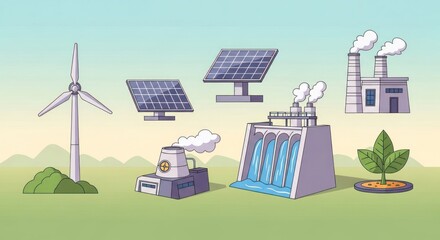 Naklejka premium Collection of renewable and nonrenewable energy sources illustrated.