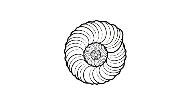 Stylized black and white spiral shell line art illustration, elegant geometric nautilus shape, Fibonacci sequence design