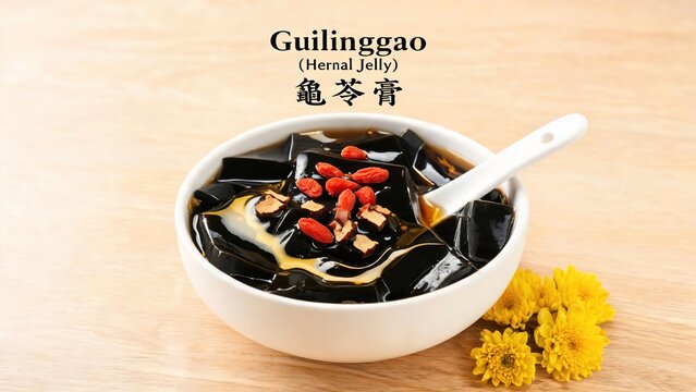 Guilinggao (Tortoise Jelly / Chinese Herbal Jelly Dessert) with Honey, Goji Berries and Herbs in a White Bowl on Light Wooden Background, Text Overlay