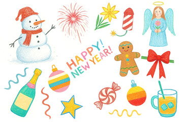 Fototapeta premium Happy New Year, Christmas, Party, colored pencils, watercolor, hand drawing