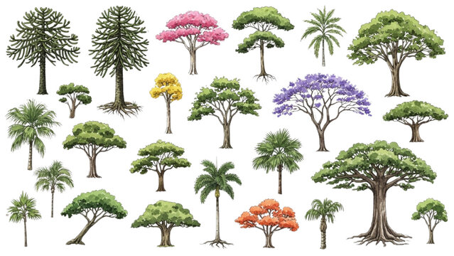 South American Native Tree Species Vector Pack with Ceiba Jacaranda and Tropical Landscape Trees